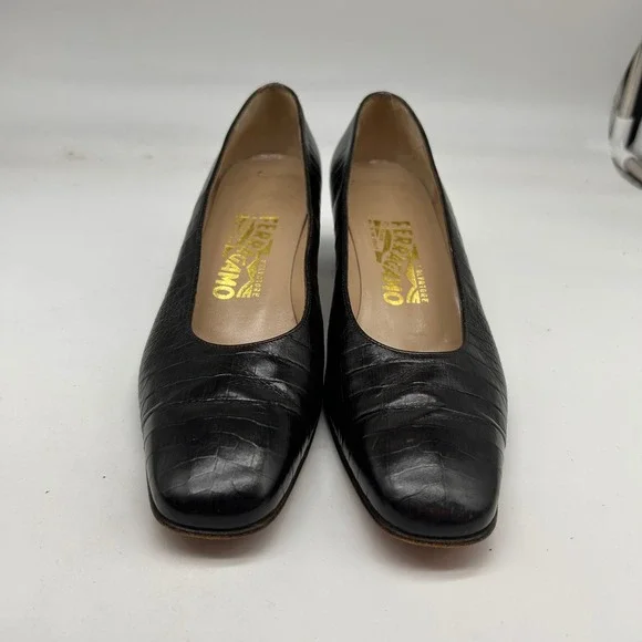 Salvatore Ferragamo Black Croc Leather Block Heel Pump Square Toe Italy Size 7.5 - Picture 7 of 10